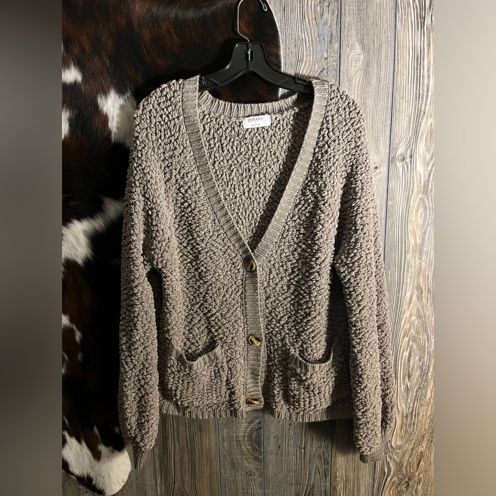 Zenana slouchy size small puffy cardigan size small brown/gray - Picture 1 of 5